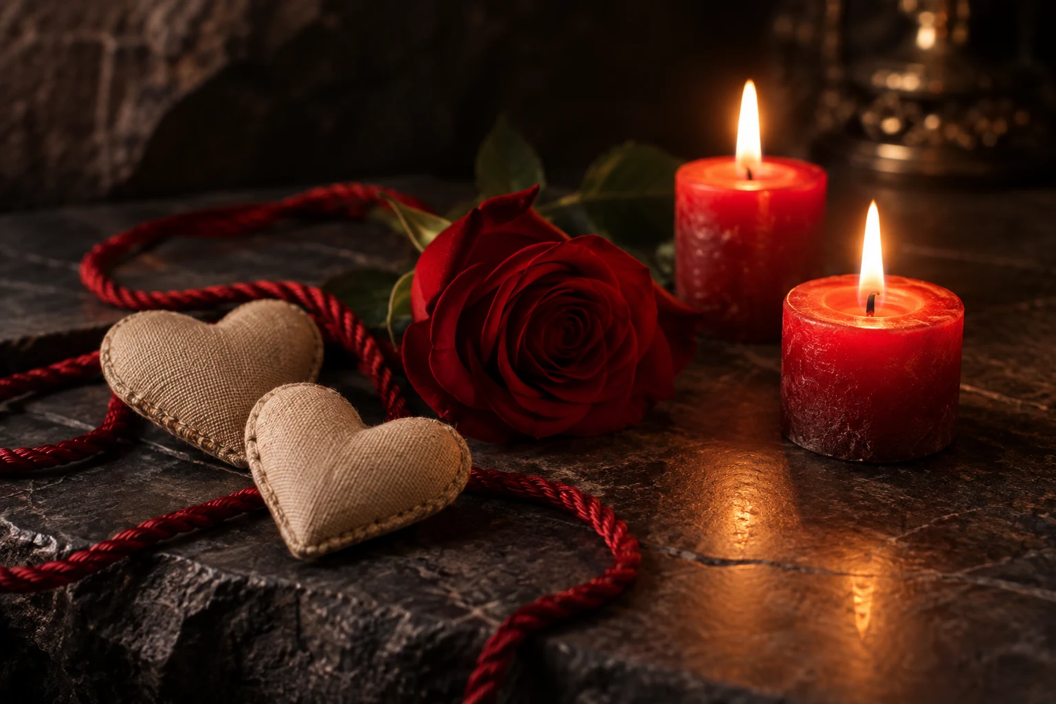 Composición simbólica de rosas, velas y corazones artesanales